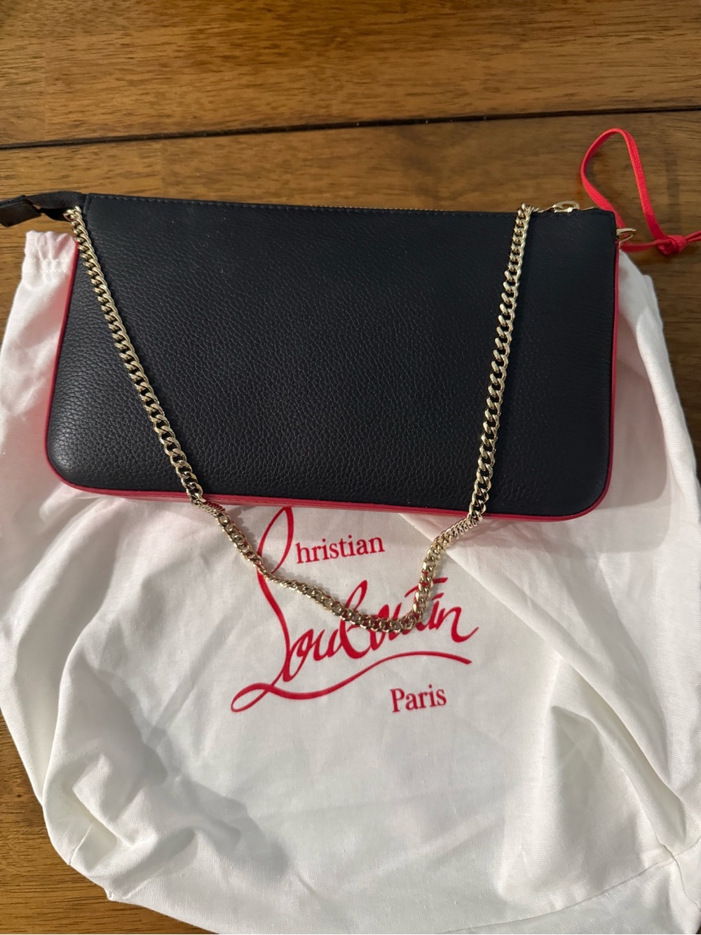 Christian Louboutin Loubila Black Leather Bag with Red Edge and Gold Chain